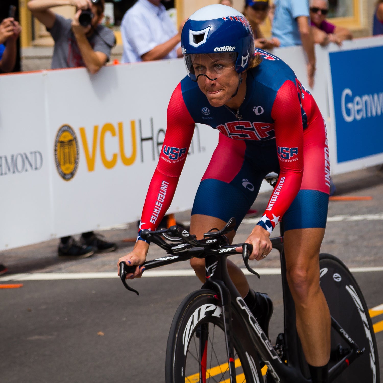 Kristin Armstrong competing in the 2015 UCI Road World Championships. She turned 43 a day after winning her third gold medal.