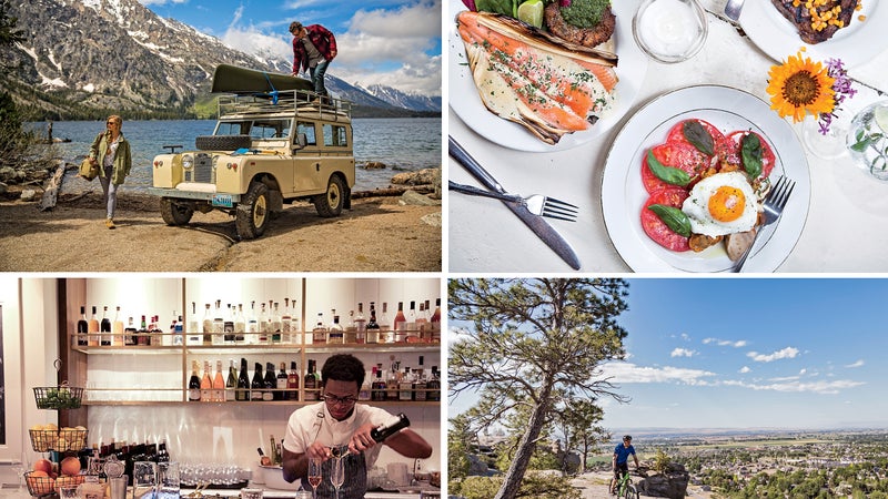 Clockwise from top left: Grand Teton National Park; The Love Apple in Taos, New Mexico; mountain biking in Billings, Montana; Seattle's Bar Melusine.