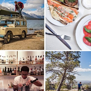 Clockwise from top left: Grand Teton National Park; The Love Apple in Taos, New Mexico; mountain biking in Billings, Montana; Seattle's Bar Melusine.