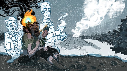 During his time in Yellowstone, Truman Everts burned off much of his own hair and hallucinated that he was accompanied by disembodied representations of his own hunger and exhaustion.