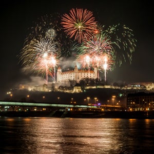 New Year Celebration. Fireworks on the Castle in Bratislava, Slovakia.