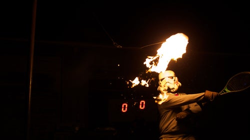 The 鈥渂all鈥 in flaming tetherball is a roll of toilet paper soaked in three ounces of white gas, the stuff that saner people use in camp stoves and lanterns. It burns nice and bright, but without the fumes of gasoline. That said, it鈥檚 wise to avoid applying hairspray before playing and to keep a fire extinguisher or four nearby. And a liability waiver or two.