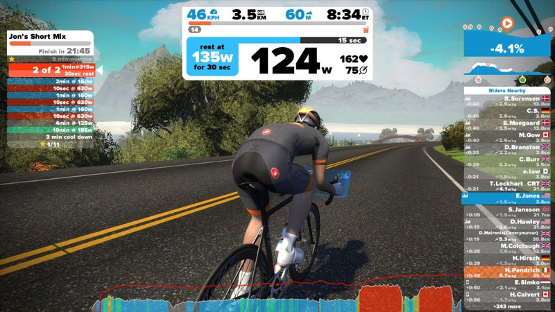 Rider displays contain a range of information, including wattage targets and nearby competition.