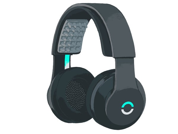 The headphones play music and put out gentle current for 20 minutes during a warm-up session.