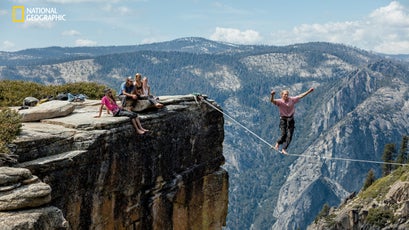 Tied to a highline over a 65-foot span at Yosemite National Park in California, Tyler Meester seeks a new thrill as he tries the sport for the first time.