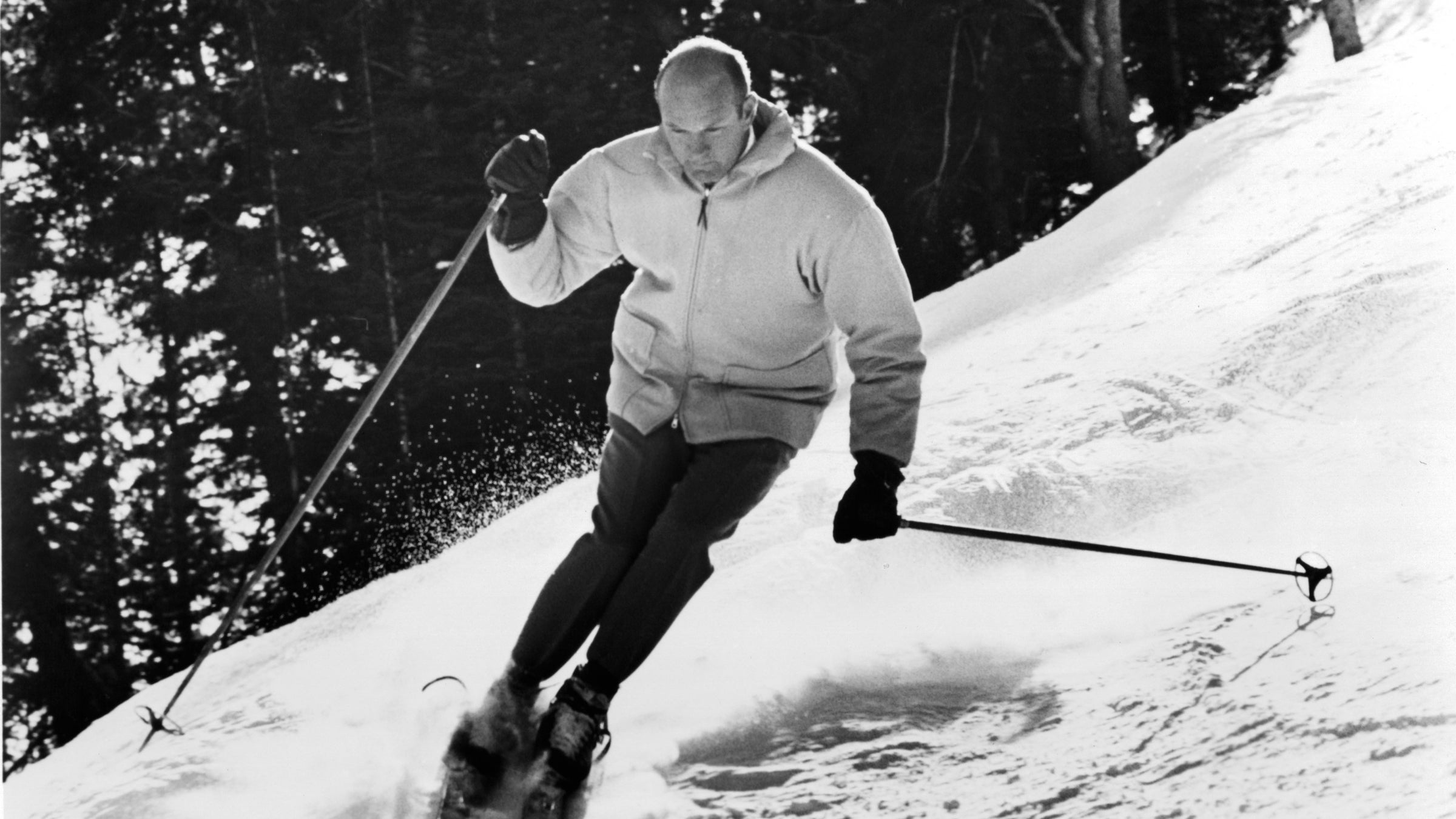 Warren Miller skies for the movie "Ski on the Wild Side " circa 1967. 