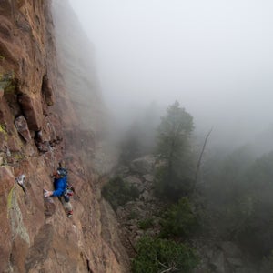 David Light on the frist free ascent of the Kor-Dalke Route (5.12 R) on the Maiden, Flatirons, CO