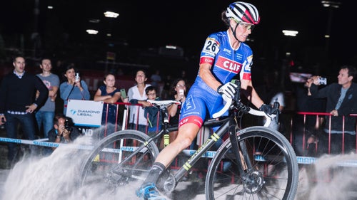 Pro rider Katerina Nash of the Luna team moments before she crashed in the sandpit.