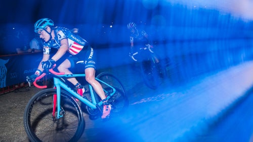 Each year during Interbike, the city of Las Vegas hosts the Cross Vegas cyclocross race. It’s an important event for the sport’s top pros, but it’s also a big party for the spectators, who come out and drink beer while watching riders tear through grass and sand and over wooden barriers. We sent photographer Stephen Lam to capture this year’s action.

Photo: Reigning U.S. cyclocross national champion Katie Compton rides the course ramp during the pro women’s race.