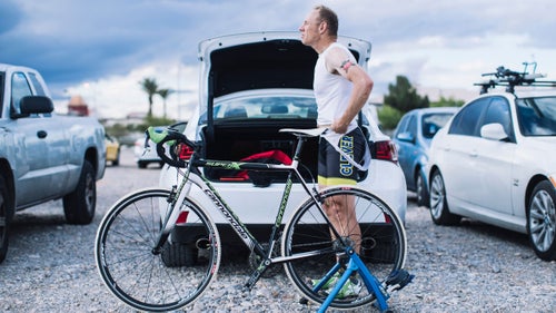 Ken Cashion, of Castro Valley, California, stands next to his bike after competing in the amateur field.