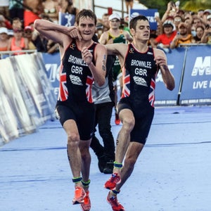 The Brownlee brothers nearing the finish on September 18.