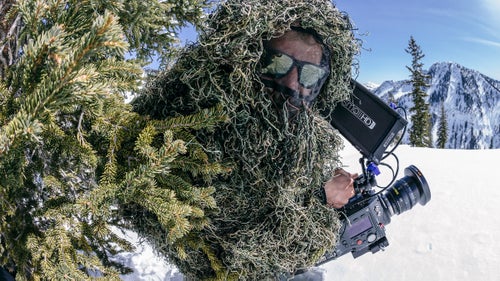 鈥淲heeler in his ghillie suit filming with the Phantom 4K. This is the corresponding shot to the perfect Gully Gap shot, above. He wore the suit basically so he could be right in the spot for the shot but not mess up the other angles.鈥