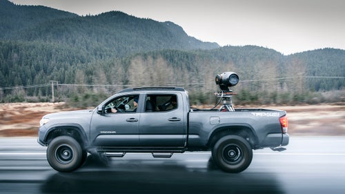 “Rice cruising with the Shotover F1 gimbal rig in his truck bed in Alaska, filming the crazy spring meltdown we experienced in year three. There’s this gorgeous shot in the film of the bore tide pushing up the Turnagain Arm waterway. It’s a big tidal change where a series of waves pushes back up a river. During down days, we actually surfed it. [Director or Photography] Greg Wheeler is in the back seat operating the camera while Rice drives, trying to track this wave as it’s going.”