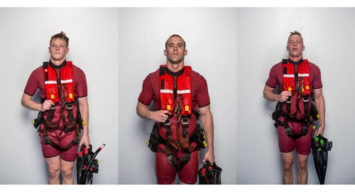 In preparation for the final test, members of Class of 118-16 attempt to complete a six-person rescue. This 30-minute drill includes multiple rescue scenarios and lots of time kicking. These portraits were taken in the minutes immediately following the drill. Left to right: AN Rotz, AN Fuller, and AN Everett