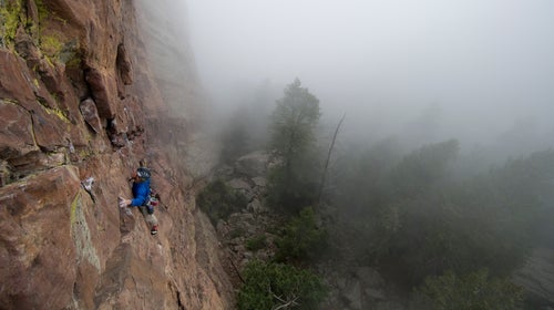 A climber ascends the Maiden in Colorado's Flatirons.