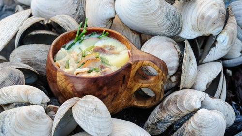 Buried under muddy shores is a tremendous amount of tasty protein in the form of cockles and clams. Unfortunately, due to a paralytic shellfish poisoning alert posted for most of Southeastern Alaska, we were able to harvest only twice, from tested beaches. The result was a yummy clam chowder.