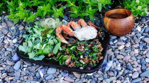 While this was not a typical dinner, we enjoyed celebrating鈥攁nd taking pictures of鈥攐ur favorite meals. This dinner included dungeness crab, saut茅ed goose tongue with chitons, beach green salad, candied bull kelp, and spruce tip tea.