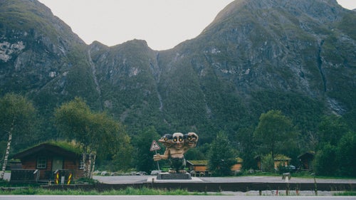 A 20-foot tall, three-headed troll sculpture in the parking lot of my campsite. Legend has it that trolls inhabit the woods in northern Norway. They also inhabit the tourist shops.