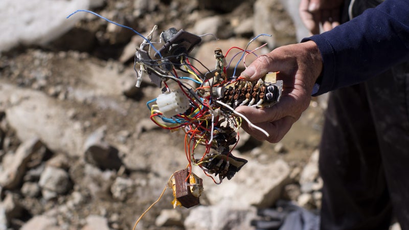 A frayed nest of wires found in the ice of the glacier.