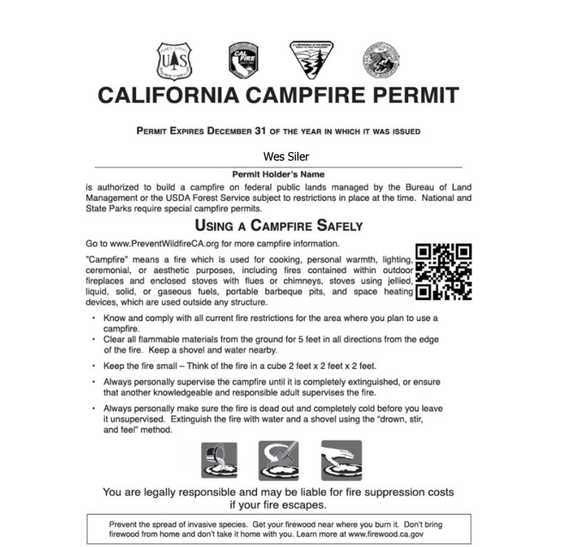 My California campfire permit. I have to carry this with me on every camping trip, or I could be fined thousands of dollars or even face jail time.