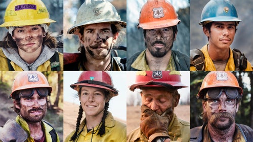 During my coverage, I talked to and photographed dozens of firefighters, some of whose names I was able to get, and some I missed in the heat of the moment.
Clockwise from top left: an AmeriCorps member working her first prescribed burn outside of Estes Park Colorado; firefighter at the Pioneer Fire in Idaho; Roosevelt Hotshot Yuzu Yamada at the Eightmile Fire in Colorado; Eric, from the Arrowhead Hotshots out of King’s Canyon National Park, California; Roosevelt Hotshot Josh Ross at the Happy Camp Complex in California; firefighter Melody Fontaine, from Shoshone National Forest, at the Hunter Peak Fire in Wyoming; a firefighter from the Bighorn Basin at the Hunter Peak Fire in Wyoming; Roosevelt Hotshot Thomas Partipilo at the Happy Camp Fire Complex in California.