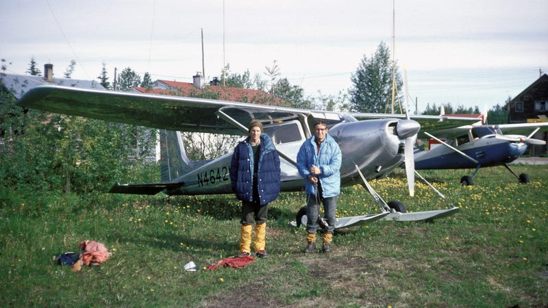 Matt Hale (left) and Roberts on an airstrip in Talkeetna, Alaska, before their flight to Mount Huntington.