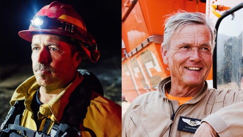 Left: Firefighter Steve Welch, from the Orange Country Fire Authority, on night-shift duty at the Soberanes Fire. Local and city firefighters are brought in to help on fires this large. Additional personnel from AmeriCorps, the California Conservation Corps, the National Guard, and the Marines will be brought in if needed. Right: Helicopter pilot Kenny Chapman at the Soberanes Fire. A pilot for more than 30 years, Chapman has lost count of how many fires he has worked.
