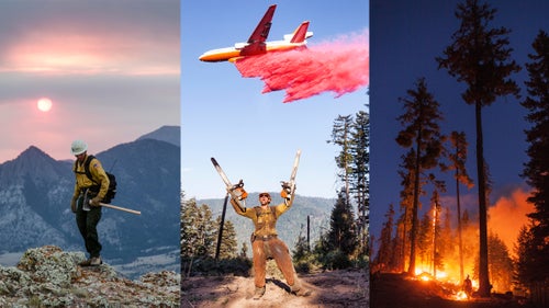 Left: Public information officer Kale Kasey, my media escort at the Hunter Peak Fire (2016) in East Yellowstone, Wyoming, walking a ridgeline. Vast amounts of smoke from this summer’s fires created wild sunsets. Center: A Roosevelt Hotshot having fun during a quick break at the Happy Camp Fire Complex in California. A large DC10 plane dumps retardant on the edge of a bulldozer line. Moments after this photo was taken, I was completely covered in pink. Right: A burn operation at the Happy Camp Fire Complex in California. Burn operations can be very dangerous depending on the type of trees in the forest. A tree in the middle of the frame ignited and created a large flaming spire.
