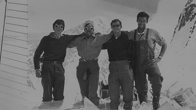 Left to right: Matt Hale, Don Jensen, Roberts, and Ed Bernd standing in front of Mount Huntington.