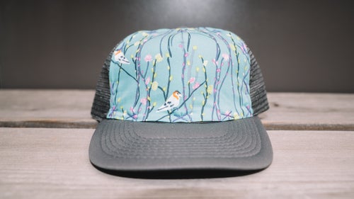 The husband-and-wife team behind Blowfish sources their hats from a bulk supplier and employs stay-at-home moms in Los Angeles to hand stitch one-of-a-kind textiles on the crowns.