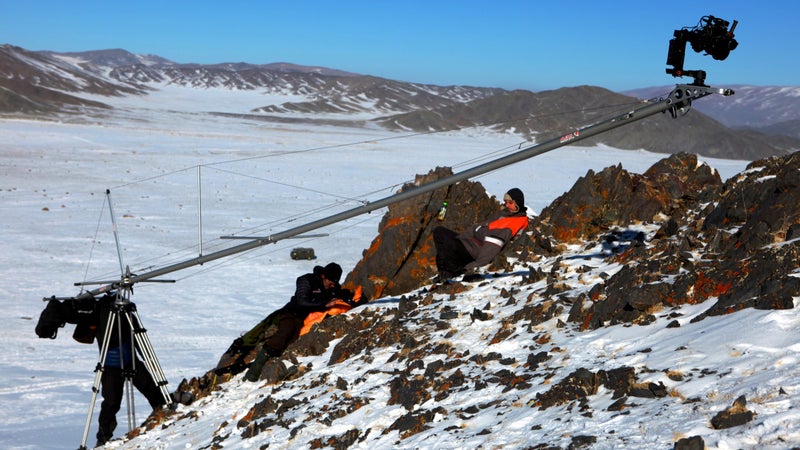 In order to capture the vastness of the Mongolian landscape, Bell and his team used cameras attached to cranes and drones.