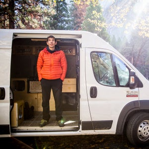 Alex Honnold and his 2016 Dodge Ram Promaster in Yosemite Valley, California, October 19, 2016.