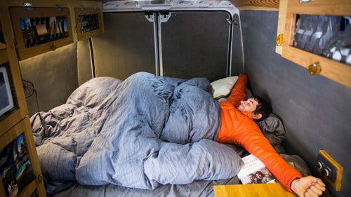 Honnold in his new, larger bed. He slept at an angle in the old Ford van because the bed wasn鈥檛 quite long enough. The new bed also has sheets and a comforter instead of just a sleeping bag on top. 鈥淲hen I moved into a real bed like this, I was like, 鈥楾his is quite a bit more comfortable than a sleeping bag.鈥 It makes me a little concerned that I鈥檓 getting soft, though, and that this is so indulgent.鈥