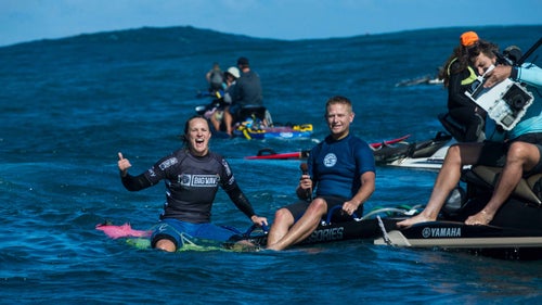 After winning the contest, Paige Alms takes a moment to express pure stoke during a post-competition interview.