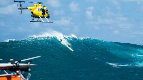 Australians Laura Enever (left), currently ranked 10th on the World Championship Tour, and Felicity Palmateer, currently ranked 20th on the tour, came to surf Jaws for the first time for this competition. Both women fearlessly dropped into this wave during the second preliminary heat.