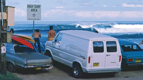 Sunset Beach, Oahu, Hawaii, January 1976. To this day, you can still ride the bike path as cars are parked with people staring at the lineup. The North Shore still looks about the same, even if the cars and characters seem to change as the years go by.