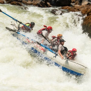 Brian McCutcheon of ROAM Adventures prepares to get slammed on Upper Moembe, class V, Zambezi River