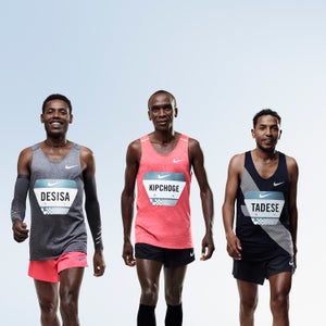 Nike's trio of sub-two-hour hopefuls: Lelisa Desisa of Ethiopia, Eliud Kipchoge of Kenya, and Zersenay Tadese of Eritrea.