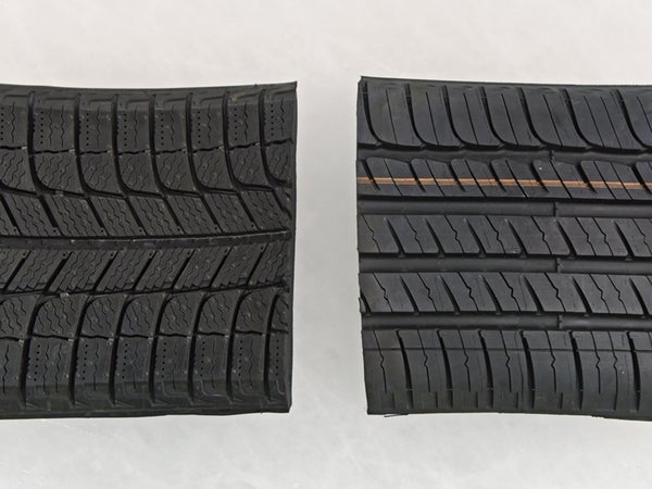 Some of the differences between a winter tire (left) and an all-season (right), are obvious: deeper tread, siping. Some aren't: winter tires wick water away from their surface at a near-molecular level, and are made from a rubber compound that remains pliable as temperatures fall below 45 degrees. Yes, that really is the point at which all-seasons begin to lose grip.