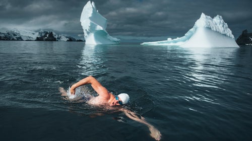Open water swimmer Lewis Pugh's most recent feat was off the coast of Antarctica.