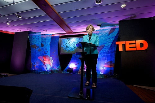 Sylvia Earle on stage during Session 1 on the Mission Blue Voyage in the Galapagos. Credit: TED/James Duncan Davidson