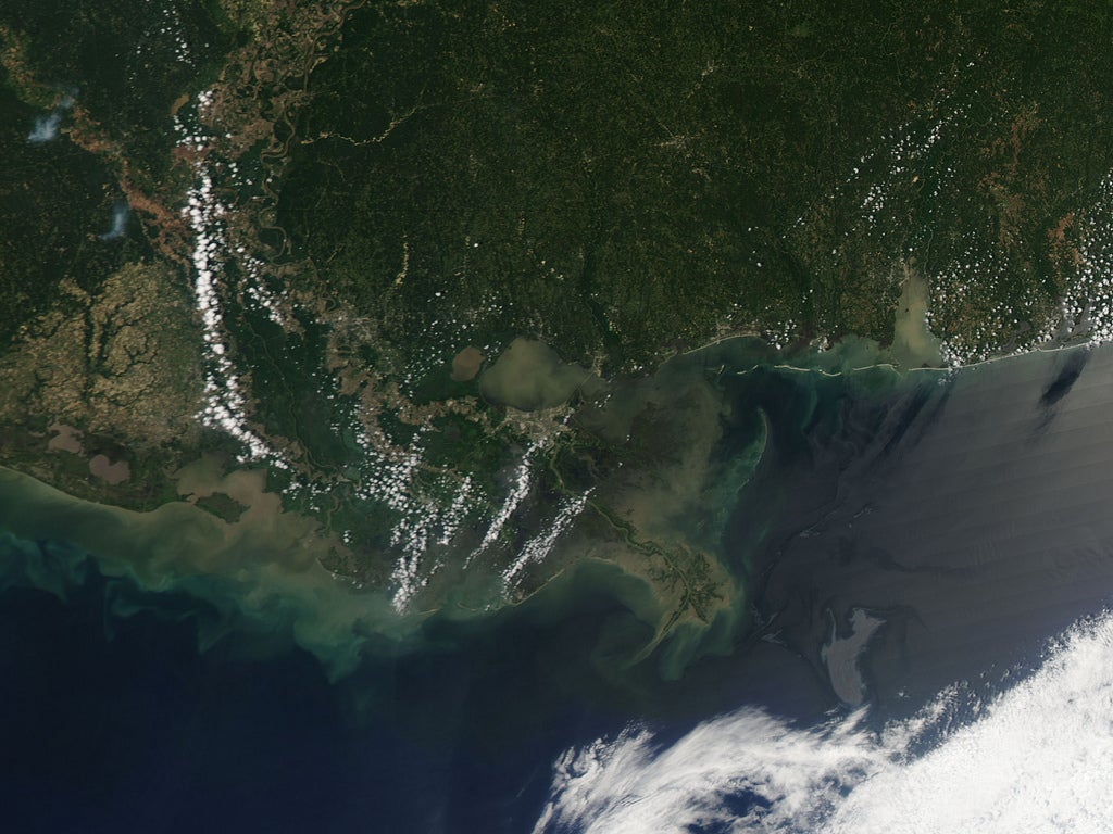 NASA satellite image acquired May 4, 2010.

Two weeks after the April 20 explosion at the Deepwater Horizon rig in the Gulf of Mexico, an oil slick lingered not far from the Mississippi Delta. On May 4, 2010, the Moderate Resolution Imaging Spectroradiometer (MODIS) on NASA’s Aqua satellite captured this natural-color image of the oil slick. The slick appears as an uneven gray shape immediately north of a bank of clouds. Sunlight bouncing off the ocean surface gives the oil slick a mirror-like reflection easily detected by satellite sensors.
Although the oil visible in this image appears fairly distant from the coastline, NatureNews reported that the western edge of the slick had been brushing up against the Mississippi Delta since April 30. Model predictions put the oil slick near the coast of Louisiana by May 4 or 5, but changing winds pushed the oil farther away from land on May 4. Ecologists still worried, however, that the oil might drift into the path of the Loop Current, which carries warm water from the Yucatán Peninsula across the Gulf of Mexico and toward Florida. The current had the potential to spread oil to the shores to Mississippi, Alabama, the east coast of Florida, and the Florida Keys.
The Pentagon approved the deployment of as many as 17,500 National Guard soldiers to assist with cleanup efforts, according to the Associated Press. Meanwhile, well operators considered drilling a relief well—a diagonal well intersecting the original that could be filled with mud or concrete to block the oil.
NASA image by Jeff Schmaltz, MODIS Rapid Response Team at NASA GSFC. Caption by Michon Scott.
Instrument: Terra - MODIS