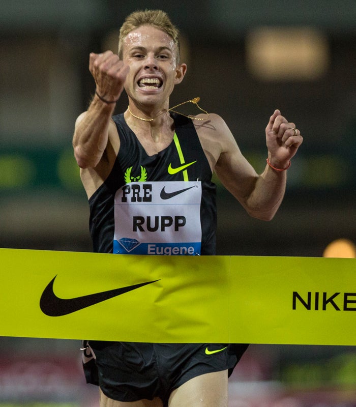 Olympian Galen Rupp, of the United States and former Oregon standout, crosses the finish line in the men's 10,000 meter race at the 2014 Prefontaine Classic at Hayward Field. Rupp won with a time of 26 minutes, 44.36 seconds. Mary Jane Schulte, Oregon News Lab