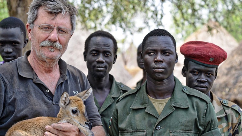 In 2014, Pelton (here with baby antelope) visited the conflict in South Sudan, hunting down the rebels to create an entire issue of Vice Magazine, and a documentary.