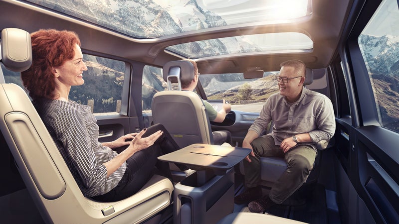 Volkswagen envisions a reconfigurable interior that allows for passenger interaction, or space to sleep.