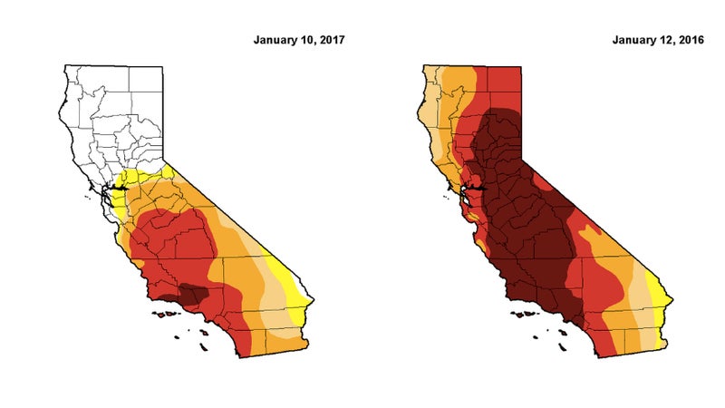 California drought conditions now, and one year ago, by surface water.