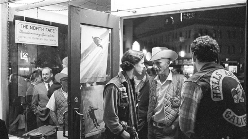 The Hells Angels work the door at the opening of The North Face store in San Francisco.