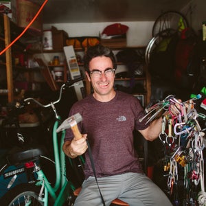 Welcome to professional climber Cedar Wright’s Boulder gear shed, or, as he calls it, his “discombobulated junk show.” It’s also an adventure athlete’s paradise packed into a one-car garage that’s bursting with ice climbing, paragliding, big-wall climbing, and biking equipment stacked in neat—and not so neat—piles.