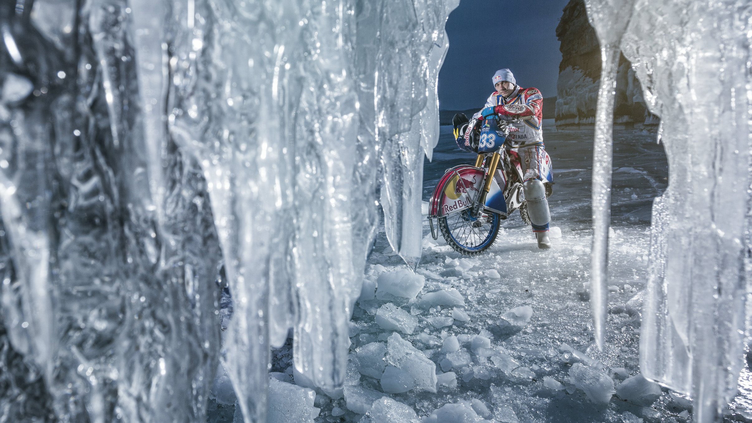 Danil Ivanov on Lake Baikal, Russia. Motorcycle ice racing is a popular sport in northern Asia. 