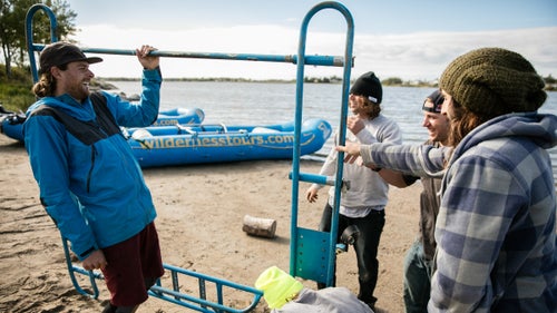 (Left to right) Ben Marr, Louis-Philippe Rivest, Hal Monkman, Dane Jackson, and Tom Patterson began raft rigging on the banks of the Nelson River in Cross Lake, Manitoba.